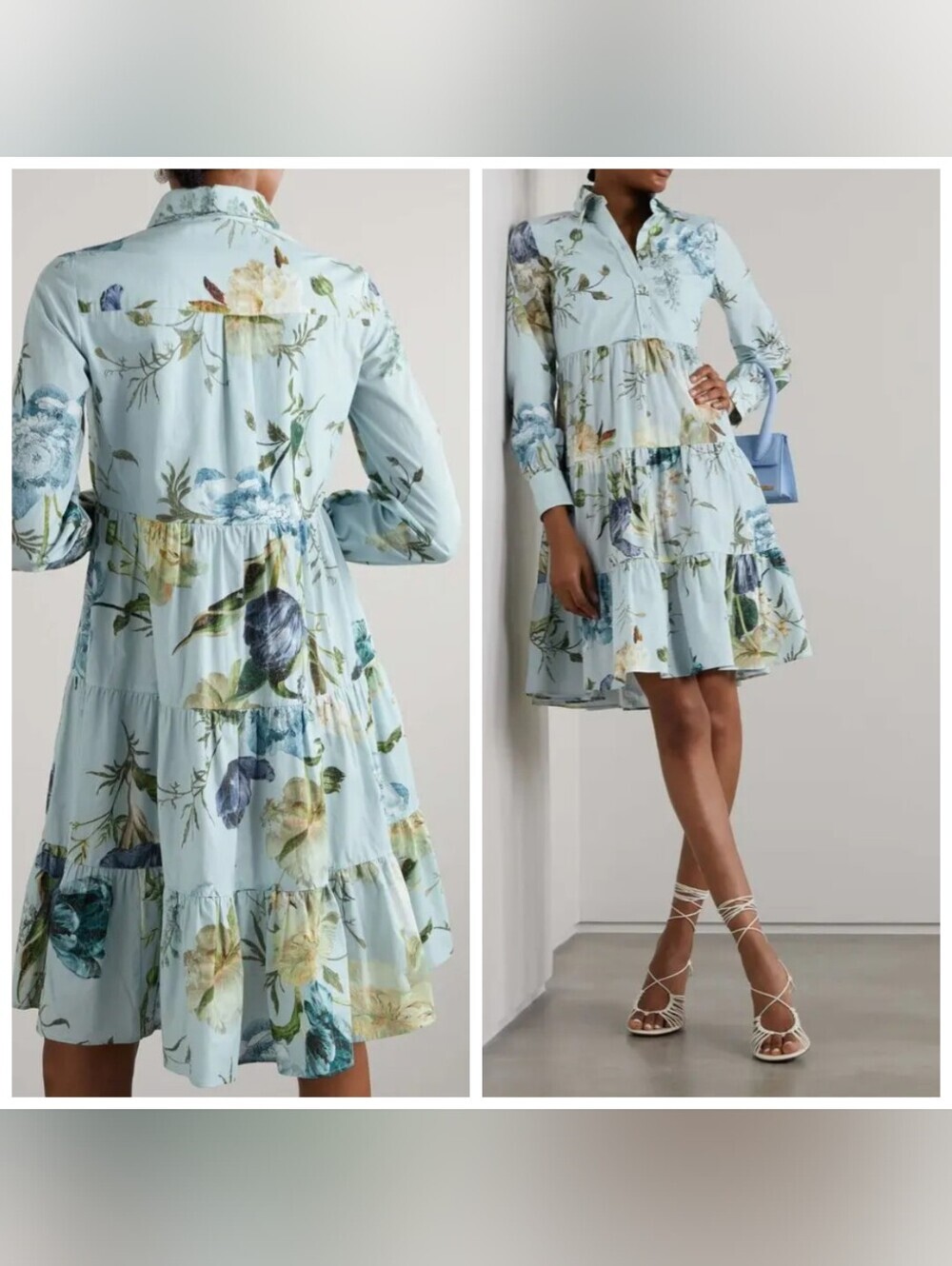 ERDEM Abilene Floral Cotton Poplin Tiered Mini Shirt Dress Estimated Small